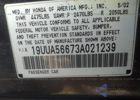 2003 Acura Tl 3.2 z USA, uszkodzony, nr VIN 19UUA56673A021239